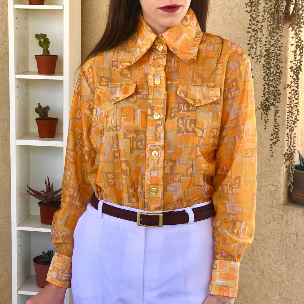 Vintage 1970s Patterned Button Down Hippie Blouse